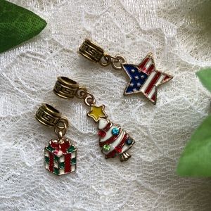 Three Vintage Gold-Tone Holiday Charms; Gift, Christmas Tree, American Star